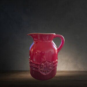 Le Creuset Maple Leaf Pitcher Cerise Red Stoneware 15-11 Retired Design
